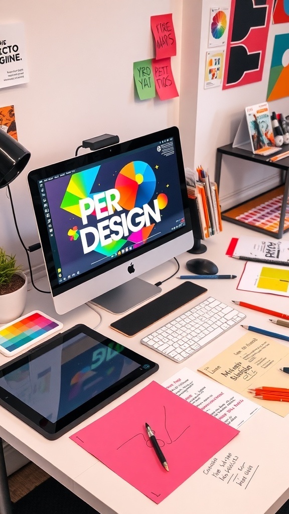 A creative workspace with a computer screen showing graphic design, surrounded by design tools and colorful sketches.
